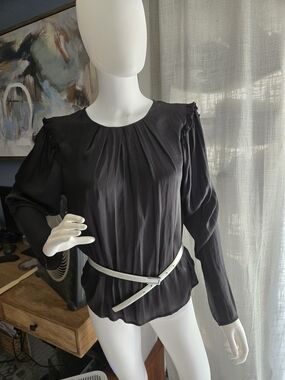 Lush Black Pleated Long-Sleeve Ruffle Shoulder Blouse Plus BR belt